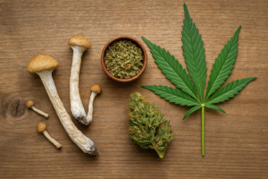 A flat-lay image showing dried psilocybin mushrooms, a cannabis bud, a wooden bowl of ground cannabis, and a fresh cannabis leaf, all arranged neatly on a wooden surface. No people are present in the image.