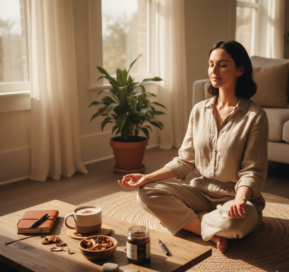Peaceful morning routine featuring functional mushrooms, meditation, and natural light