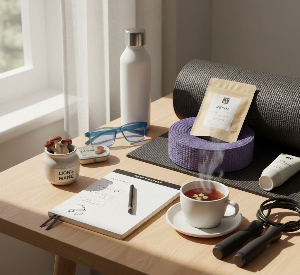 Lifestyle scene showing functional mushrooms alongside daily wellness habits and self-care tools