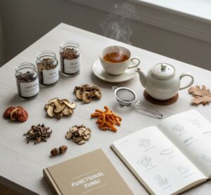 Educational wellness layout featuring functional mushrooms, tea, and simple learning materials