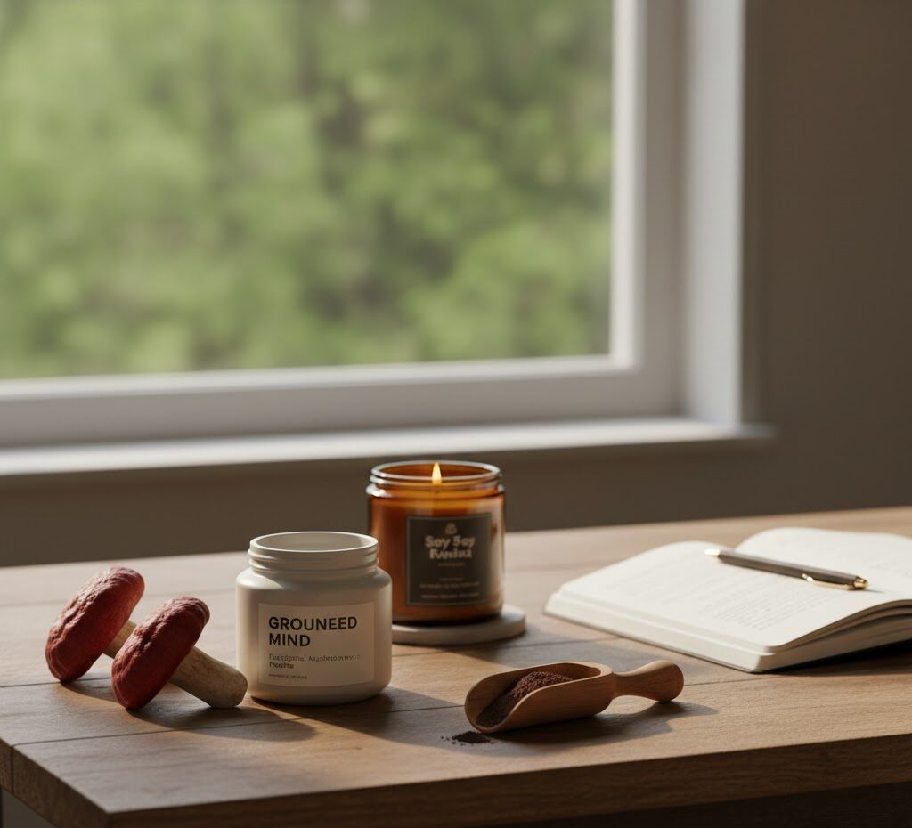 Conscious living setup with functional mushrooms, journal, candle, and natural light in a calm space