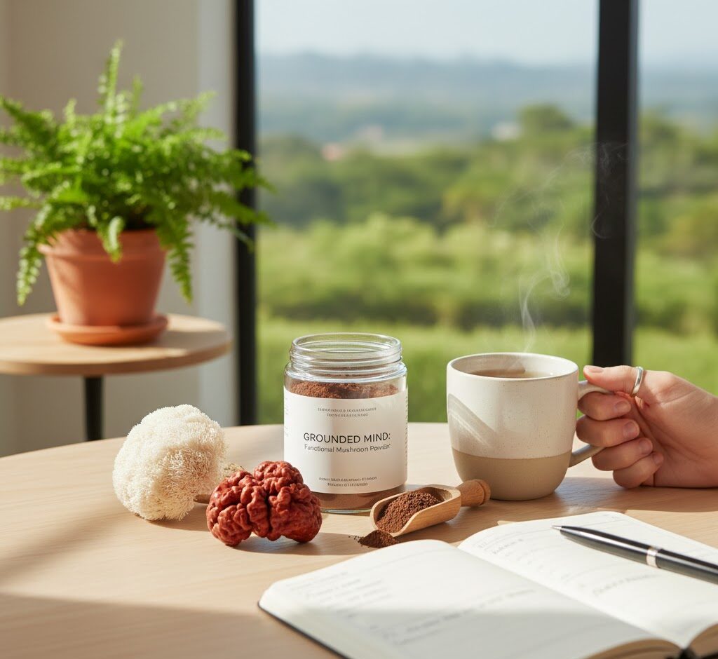 Educational wellness image highlighting functional mushrooms and natural daily routines