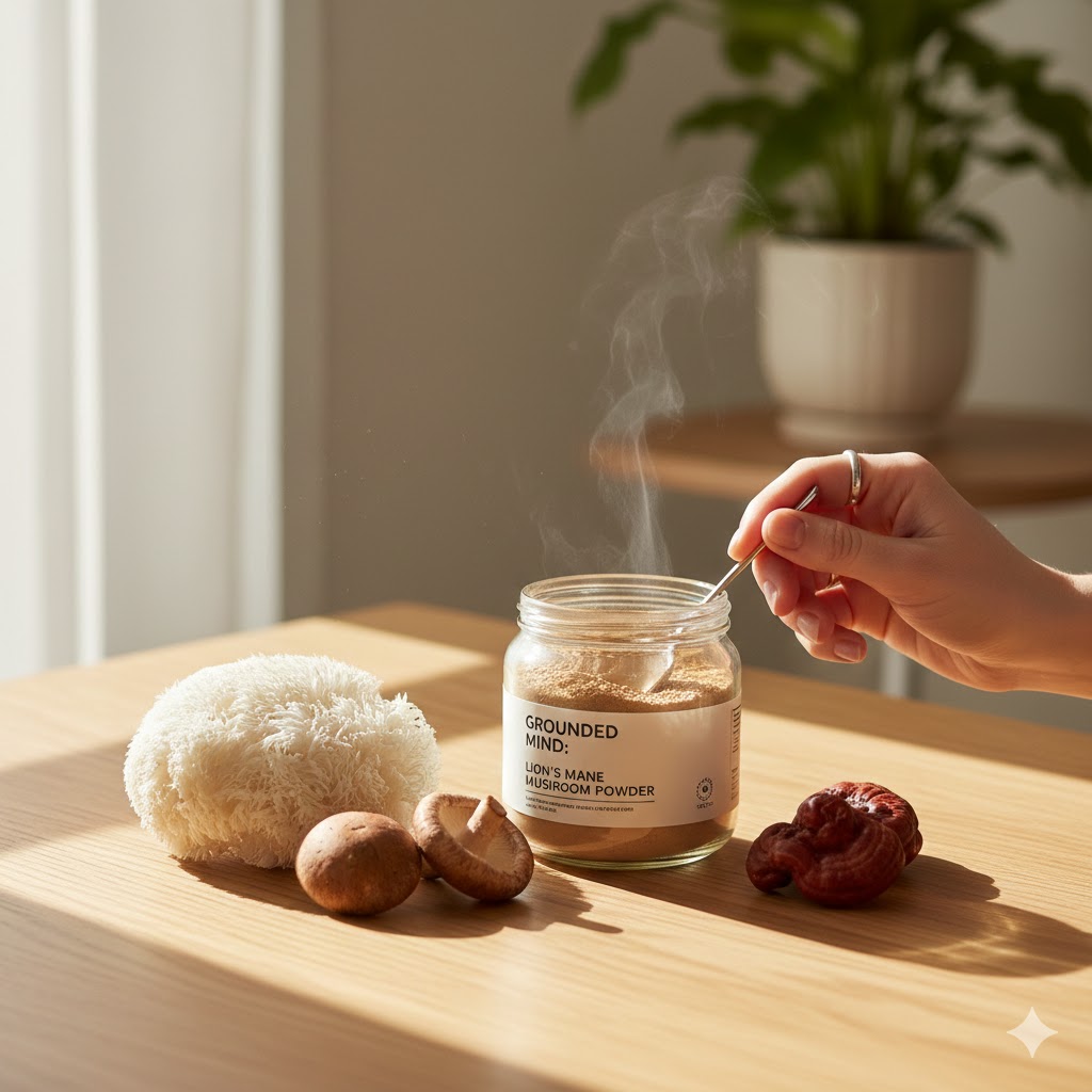 Grounded morning wellness routine featuring functional mushrooms, warm tea, and a calm natural setting
