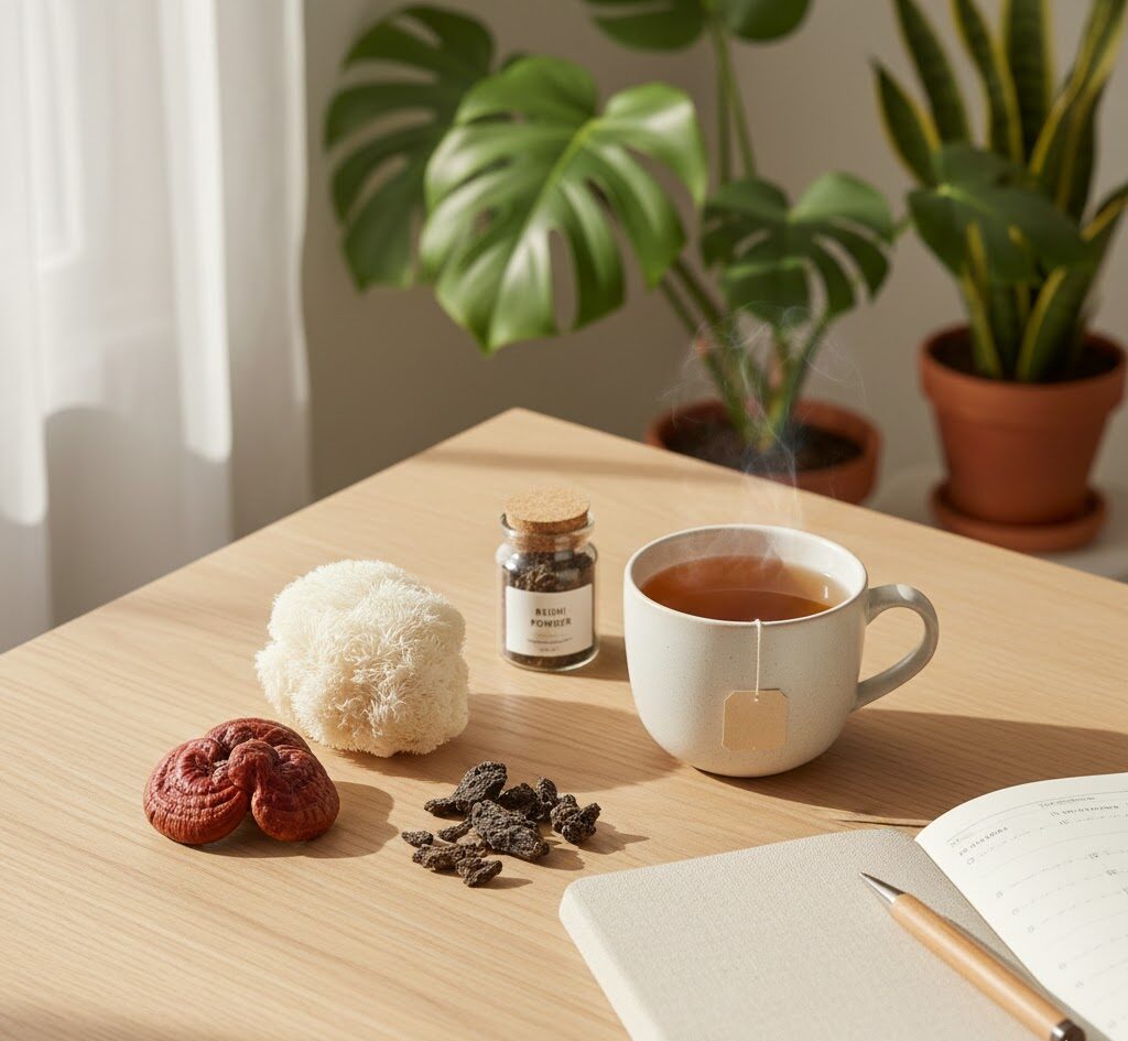 Natural lifestyle image highlighting functional mushrooms as part of long-term wellness habits