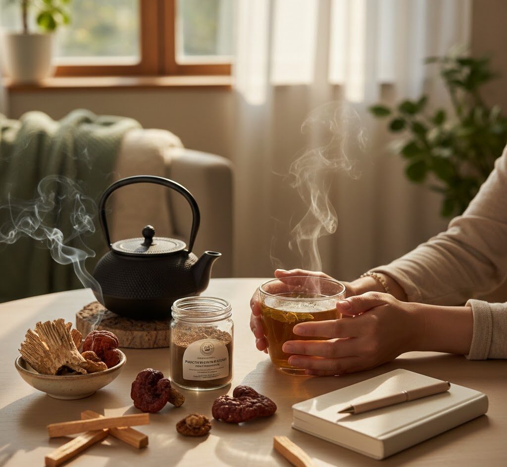 New year wellness reset scene featuring functional mushrooms, herbal tea, journal, and calm morning light