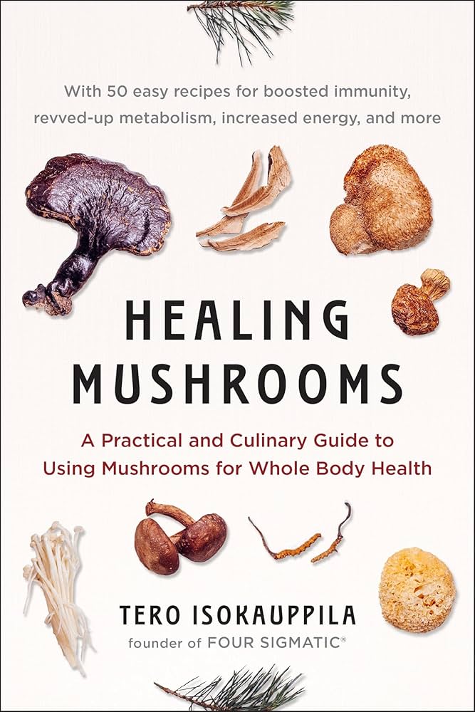 Educational wellness setting featuring functional mushrooms, books, and calm natural lighting