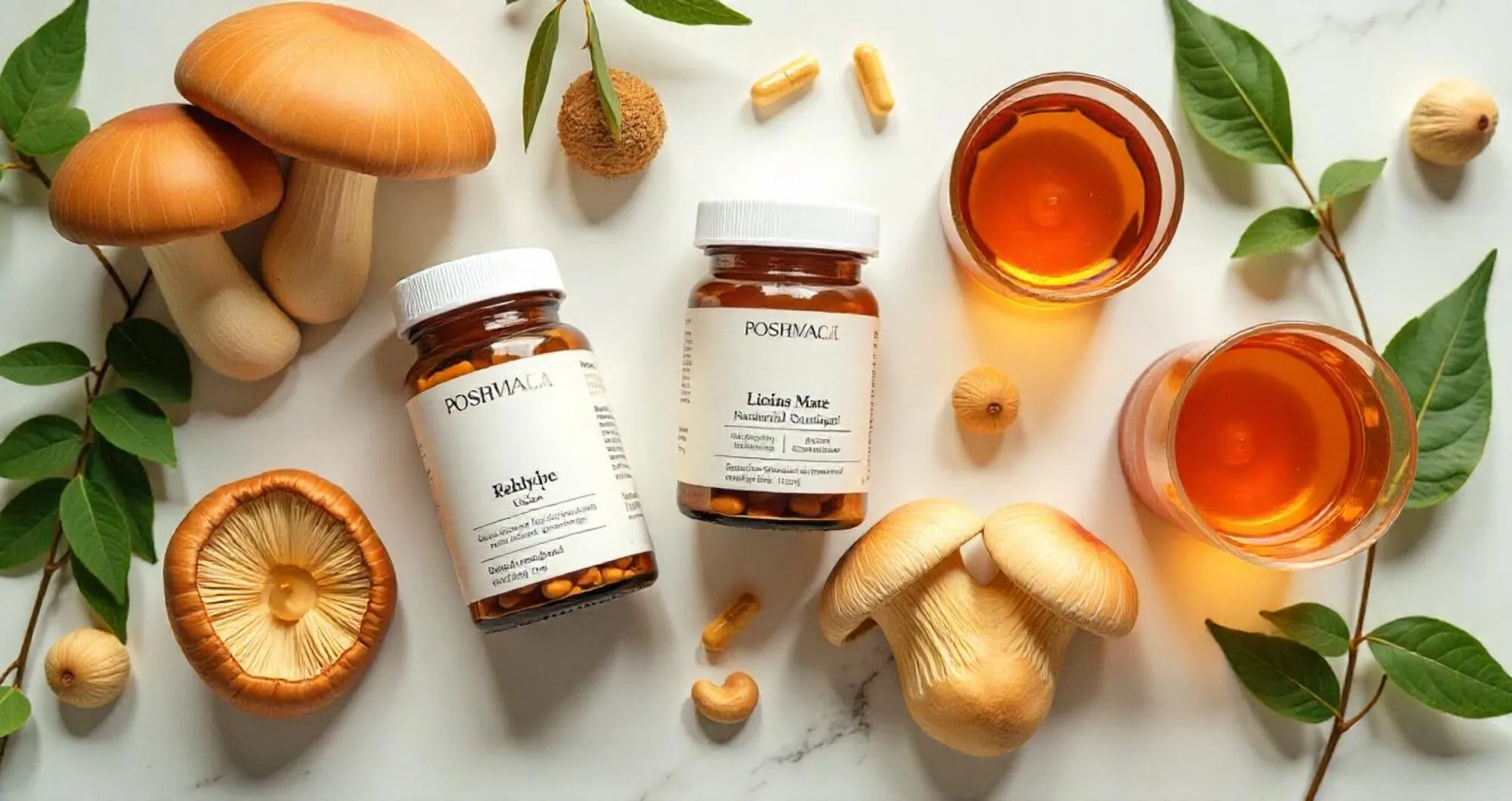 Functional mushrooms displayed with Jamaican bush tea herbs and tropical greenery symbolizing natural island wellness