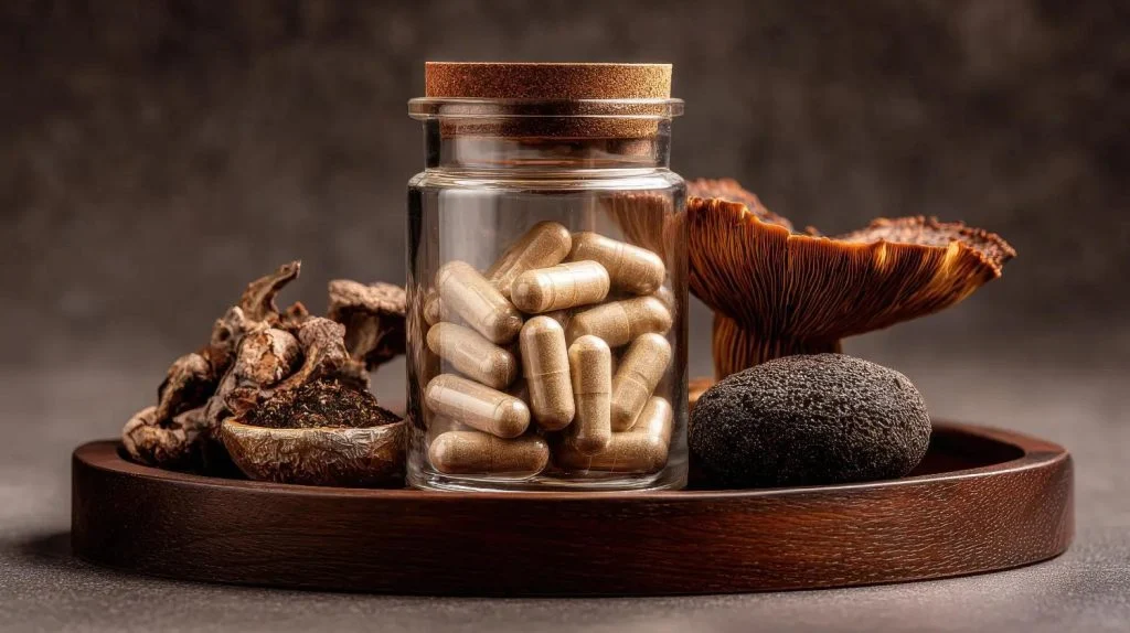 Wellness with Roots-Why Jamaicans Are Exploring Functional Mushrooms Jamaican wellness scene featuring mushroom powder, herbal tea, and tropical greenery